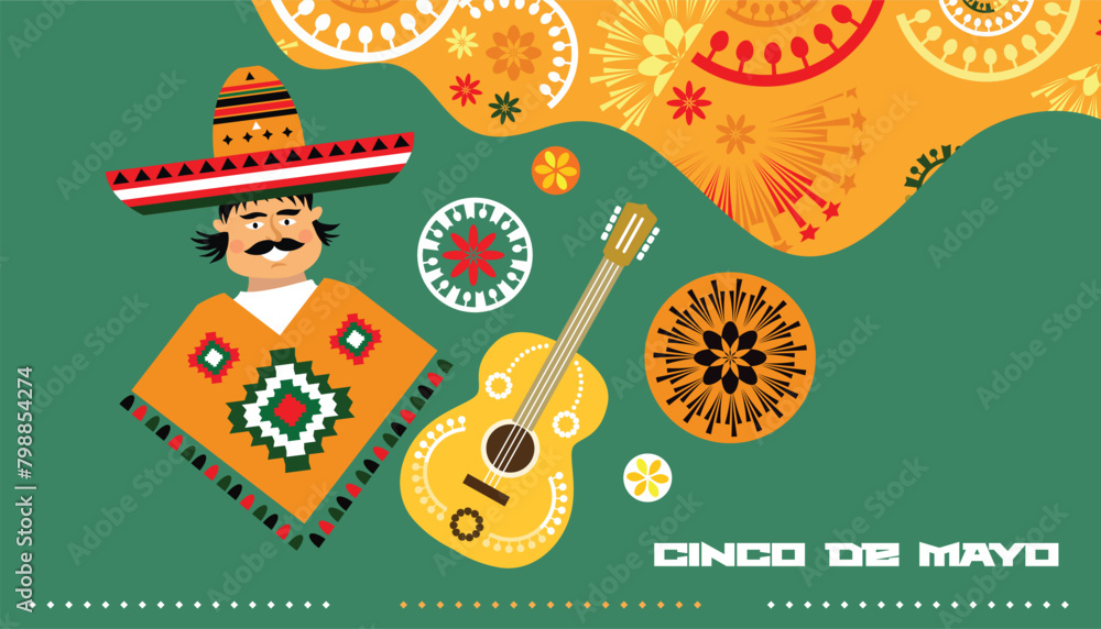 Happy Cinco de mayo template poster with guitar, sombrero, firework, pattern Translation from spanish - Cinco de Mayo - May 5 federal holiday in Mexico.Vector flat icon illustration