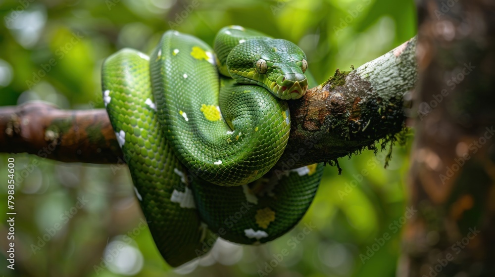 In the rainforest, an arboreal emerald tree boa is coiled around a tree branch. In the rainforest, an arboreal emerald tree boa is coiled around a tree branch.
