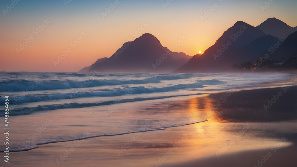 Twillight sky and beach blurred background, AI Generateand mountain d