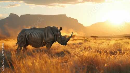 In the savanna  a solitary rhinoceros stands tall  the grasses swaying gently in the evening breeze  against the backdrop of a sun-kissed mountain range.