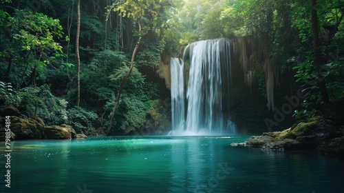 A lush forest  a majestic waterfall cascades into a tranquil pool.