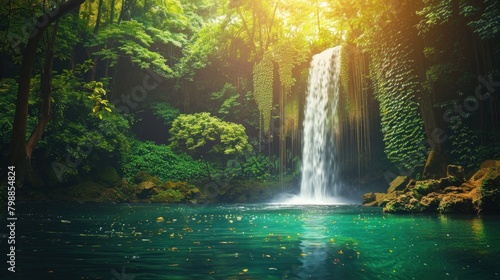 A lush forest  a majestic waterfall cascades into a tranquil pool.