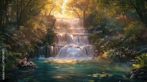 A lush forest, a majestic waterfall cascades into a tranquil pool.