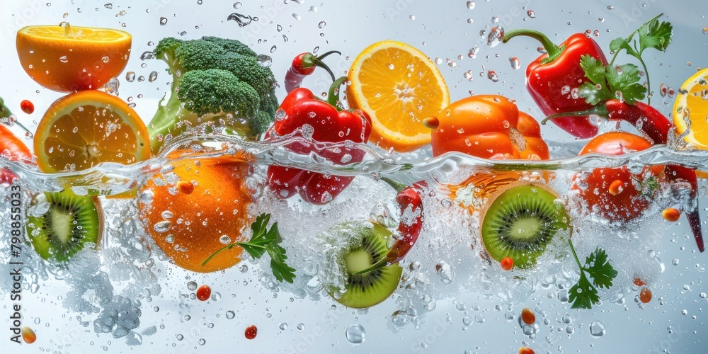 Tomato, oranges, bell pepper, red chili, kiwi, broccoli, eggplant, banana, red capbage, sinking in water tank, high speed, isolate on white background, Tomato, oranges, bell pepper, red chili, kiwi, broccoli, eggplant, banana, red capbage, sinking in water tank, high speed, isolate on white background,
