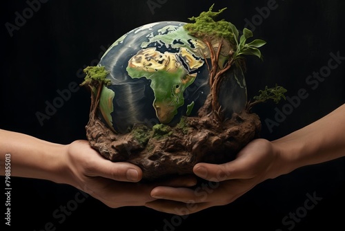 Powerful visual of a hand securely holding the Earth, with greenery sprouting from the continents, emphasizing ecoprotection photo