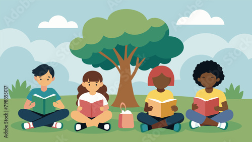 Children sitting on the grass under a shady tree reading books about heroes of the civil rights movement.. Vector illustration