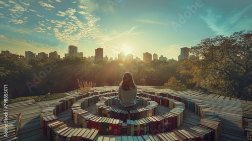 On a rooftop overlooking a tranquil city park, a joyful girl is surrounded by a circle of books, each open to a different world of stories, symbolizing the limitless adventures that reading offers. photo