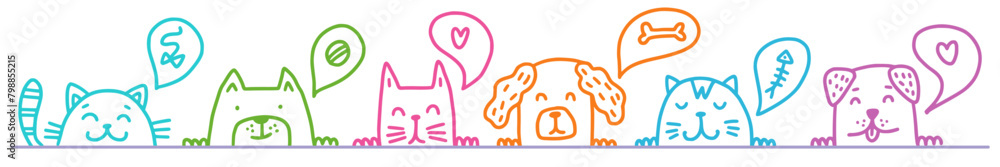 Fototapeta premium Vector, horizontal collection of cats and dogs' faces, hand-drawn in doodle style