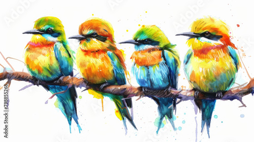 Three Colorful Birds Perched on Branch photo