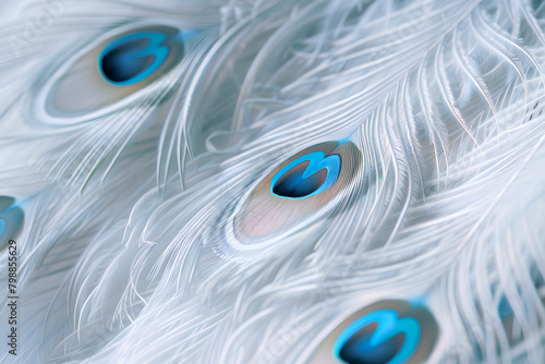 Exotic background of white peacock feathers. Peacock feathers background. White peacock feathers closeup.