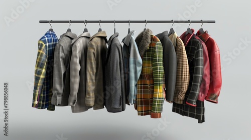 A clothes rack with a variety of men's jackets and coats. The jackets are of different styles, colors, and materials. photo