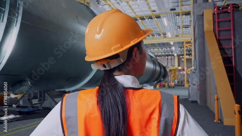 Close Up Back View Of A Female Engineer Wearing Safety Helmet Looking Around While Standing With Arms Akimbo In Pipe Manufacturing Factory photo