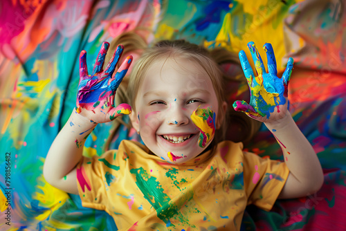 a girl enthusiastically painting with their hands