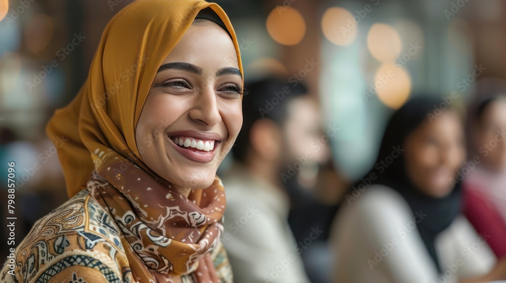 Big close up view of the face of a Muslim woman wearing an Islamic headscarf or hijab. Housewives are also office workers, professional businesswomen. Big close up view of the face of a Muslim woman wearing an Islamic headscarf or hijab. Housewives are also office workers, professional businesswomen.