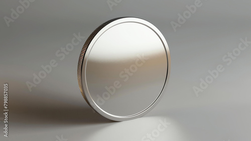 A silver coin is sitting at a slight angle on a reflective surface. The coin is perfectly centered in the frame. The coin is shiny and new. photo