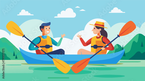 On a multiday kayaking trip two friends discuss their longterm goals and how they plan to support each other in achieving them.. Vector illustration