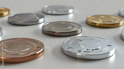 A variety of shiny metal coins are scattered on a solid white surface. The coins are made of different metals, including gold, silver, and copper.