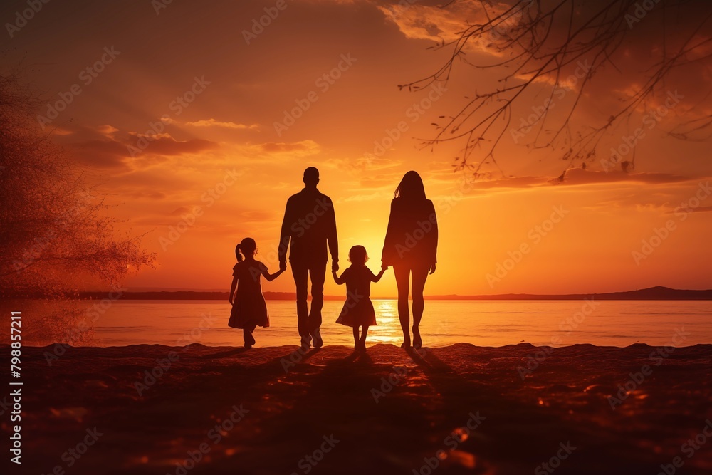 Family on the beach at sunset