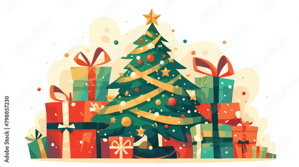 Cartoon christmas tree with gift boxes. Xmas vector