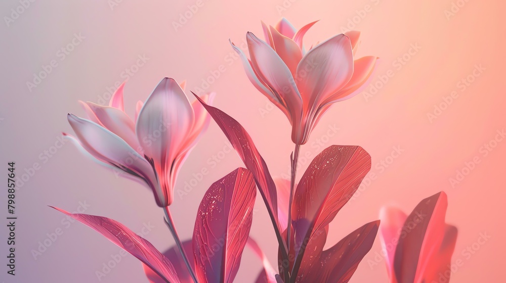 Soft focus of a pink plumeria flower in bloom with a gradient background in shades of pink.