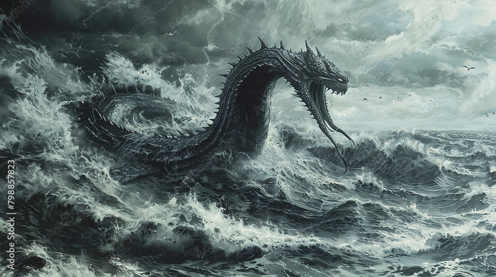 Sea serpent, Leviathan, rising from ocean