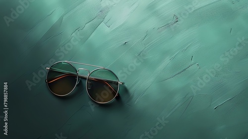 Close-up of stylish sunglasses with a green background. The sunglasses have a metal frame and brown lenses. photo