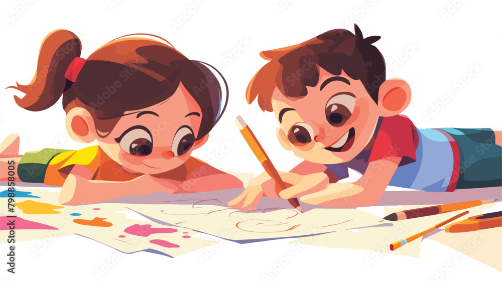 Cartoon little boy and girl painting picture on pap