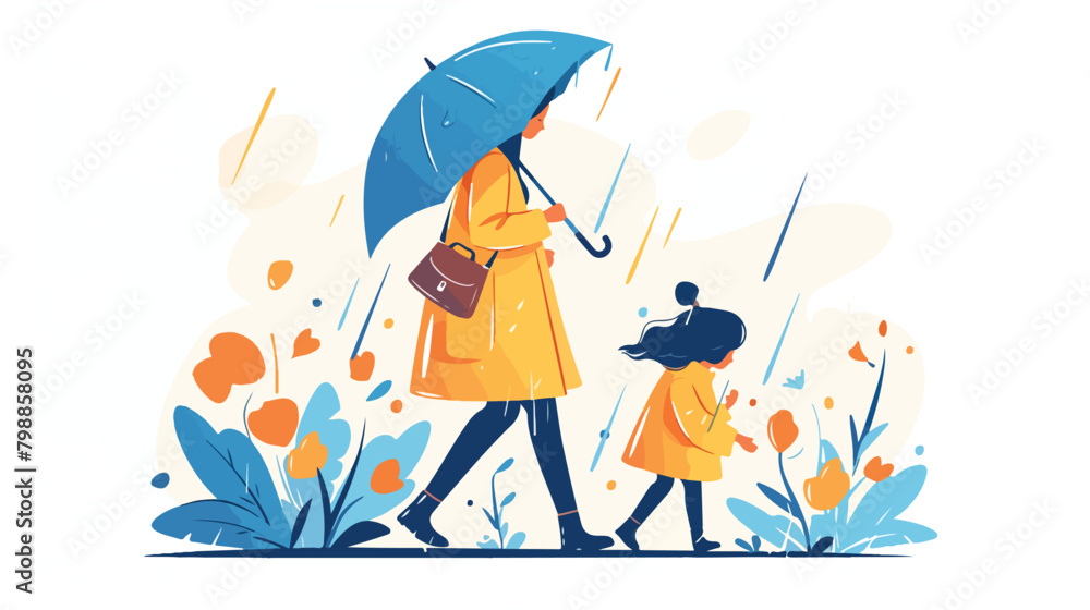 Cartoon little kid holding umbrella walking under r