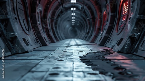 Robot footprints in a sci-fi corridor  leading to an unknown futuristic destination