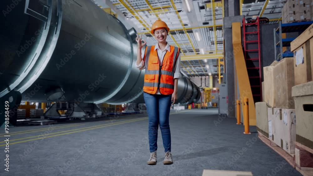 Full Body Of Asian Female Engineer With Safety Helmet Smiling And Showing Okay Gesture To The Camera While Standing In Pipe Manufacturing Factory Full Body Of Asian Female Engineer With Safety Helmet Smiling And Showing Okay Gesture To The Camera While Standing In Pipe Manufacturing Factory