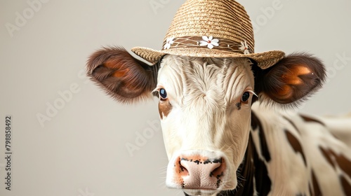 This image shows a close up of a cow wearing a straw hat with a floral band. The cow is looking at the camera with a curious expression. photo