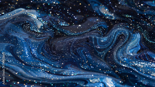 Glowing midnight azure marble ink intertwining with shimmering silver glitters, creating a celestial dance in the depths of darkness.