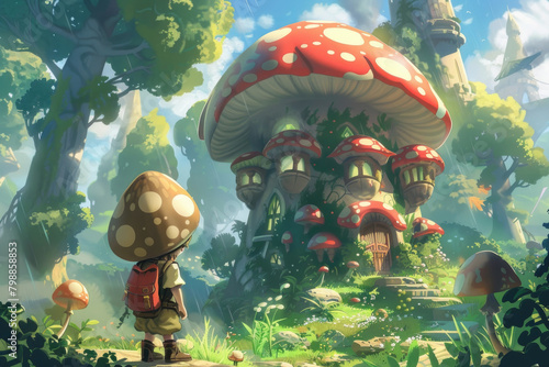 Little Boy Standing in Front of Mushroom House