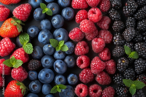 A close up of a variety of berries including including  raspberries  and blackberries