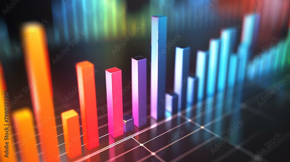 3D rendering of a bar graph with a glowing grid. The bars are in various colors.