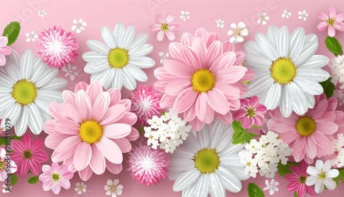 Several white and pink flowers - daisies  chrysanthemums  cherry blossom  on a seamless pastel pink background. Top view. Flat lay. Copy space 