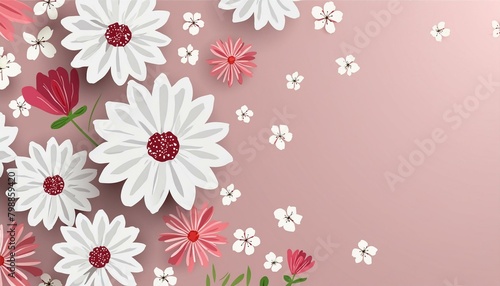 Several white and pink flowers - daisies  chrysanthemums  cherry blossom  on a seamless pastel pink background. Top view. Flat lay. Copy space 