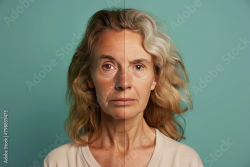 Skincare solutions for facial static wrinkles integrate with split age portraits, volume loss and aging care beauty, solutions for facial wrinkles and aging divisions in woman-focused compositions.