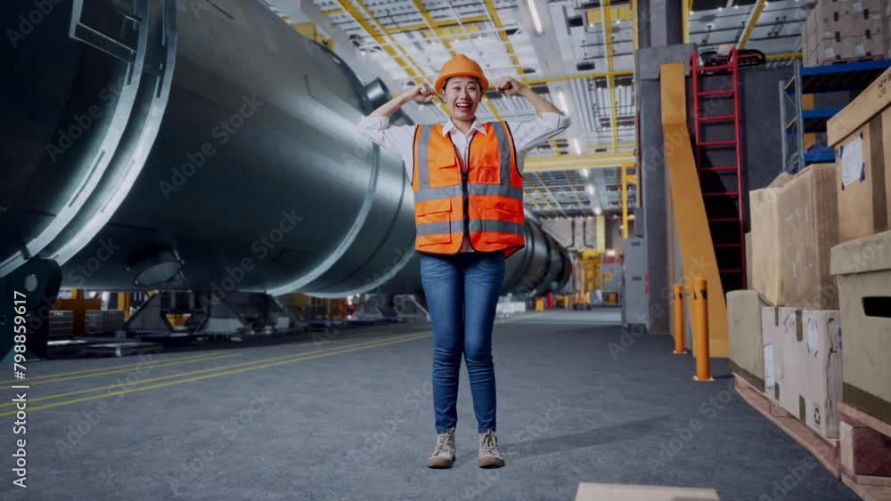Full Body Of Asian Female Engineer With Safety Helmet Flexing Her Bicep And Smiling To Camera While Standing In Pipe Manufacturing Factory Full Body Of Asian Female Engineer With Safety Helmet Flexing Her Bicep And Smiling To Camera While Standing In Pipe Manufacturing Factory
