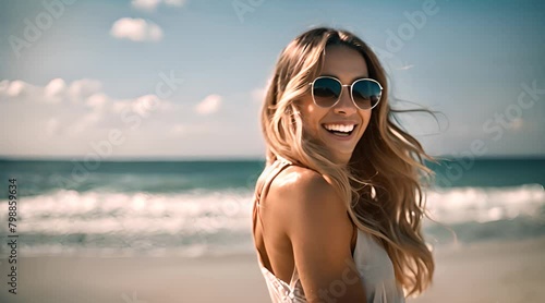 Lebensfrohe Frau am Strand hat Spaß photo