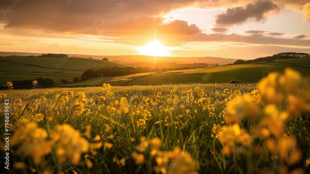 A Spectacular Golden Hour Sun Setting Over Fields of Rapeseed