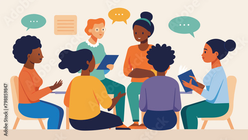 A small group discussion facilitated by a workshop leader where participants can share their personal stories and reflections on how Juneteenth has. Vector illustration