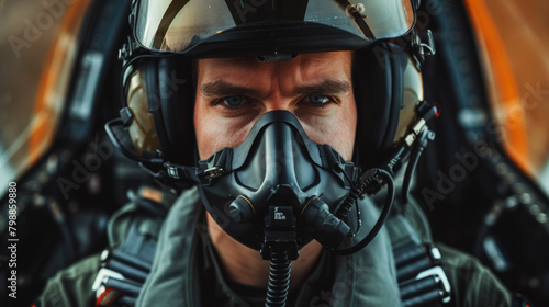 Portrait of a military aircraft pilot sitting in his plane wearing helmet and mask during the flight. Generative AI © AngrySun