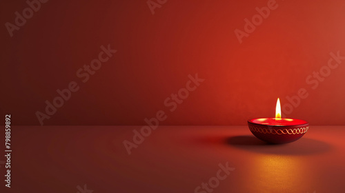 A beautiful lit candle on a red background. The candle is in a red holder with intricate designs. The candle is lit and is casting a warm glow. photo