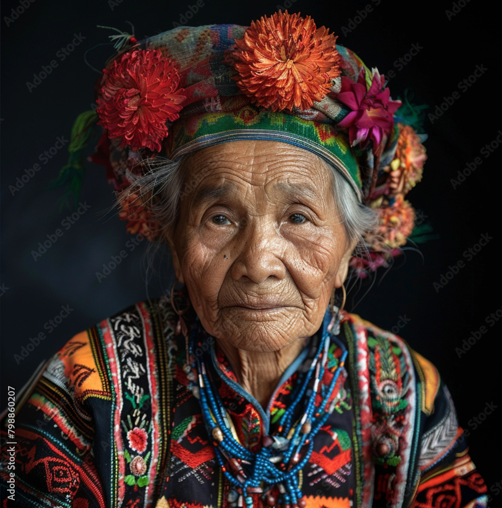 a portrait of a 50 year old traditional woman from the dai tribal group in China