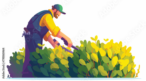 Garden worker pruning hedge with pruners or garden photo