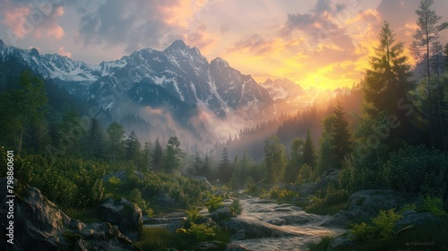 the fading light of day, the mountain landscape is transformed into a scene of ethereal beauty, with forests and rocks illuminated by the soft hues of the setting sun. photo