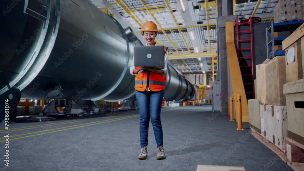Full Body Of Asian Female Engineer With Safety Helmet Working On A Laptop While Standing In Pipe Manufacturing Factory Full Body Of Asian Female Engineer With Safety Helmet Working On A Laptop While Standing In Pipe Manufacturing Factory
