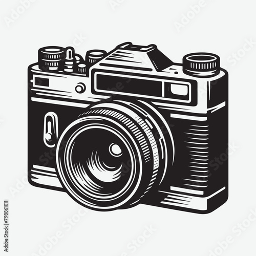 A Camera retro style foto black & white vector. Vintage camera hand drawn ink sketch. Engraved style vector illustration