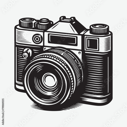 A Camera retro style foto black & white vector. Vintage camera hand drawn ink sketch. Engraved style vector illustration